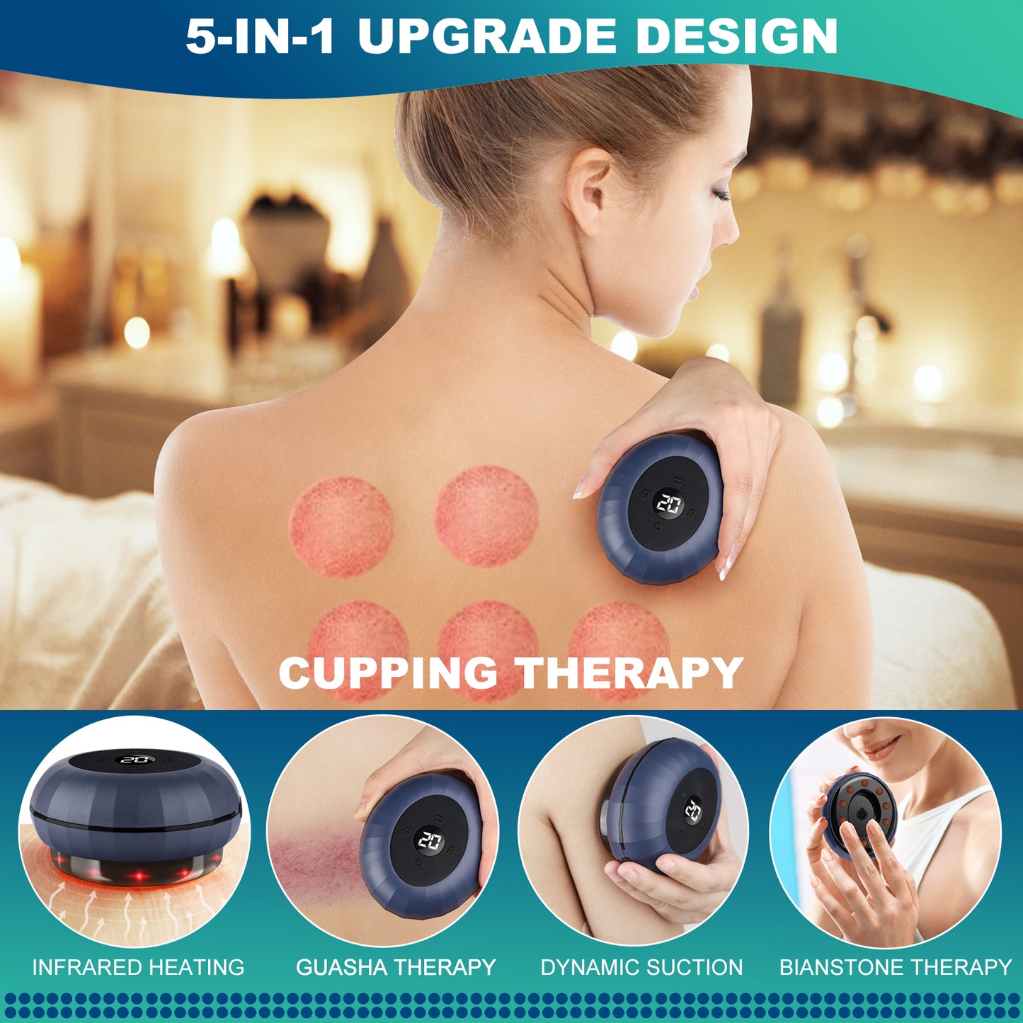 RIMAYA Smart Cupping Therapy Massager Set, 5 in 1 Electric Gua Sha Scraping Massage Body Tools with 12 Levels Temperature & Suction, Massage Cups for Sciatica/Muscle Pain Relief, Cellulite Massager